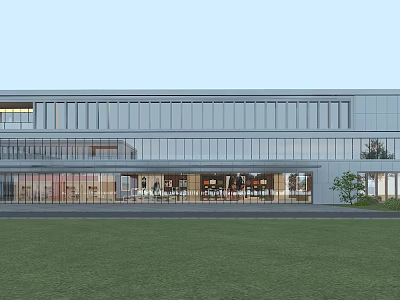 Modern Industrial Factory Building With Large Glass Facade Spacious Exterior And Front Lawn Area 3d model