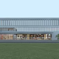 Modern Industrial Factory Building With Large Glass Facade Spacious Exterior And Front Lawn Area