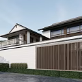 Modern Guesthouse Building With Open Porch Stone Steps Slate Path Pine Trees And Wooden Bench