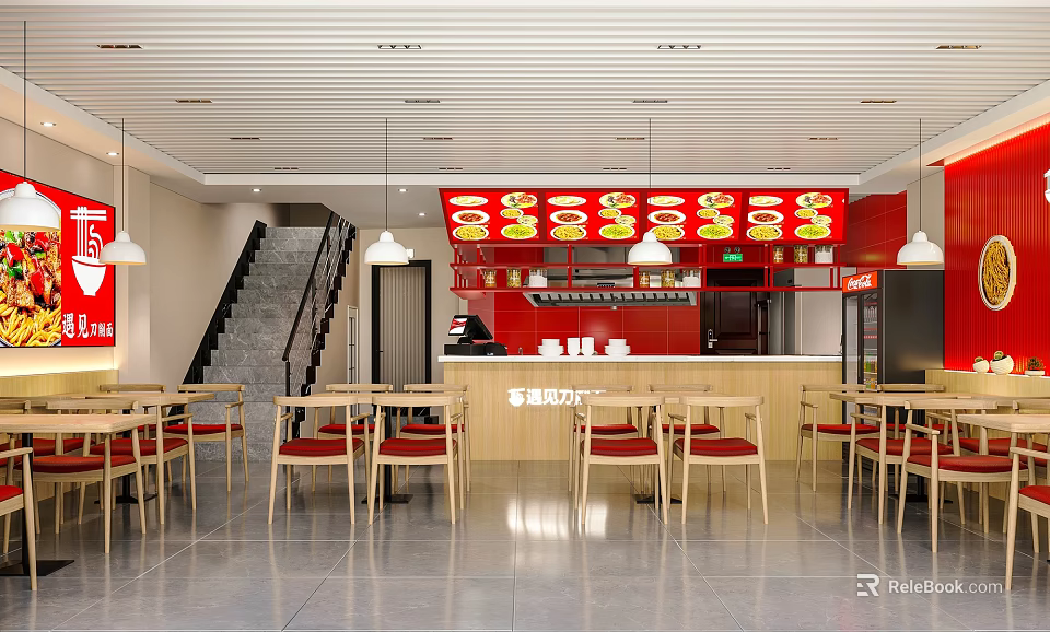 Modern Restaurant Interior With Red Counter Wooden Tables Hanging Lights And Menu Board 3d model 