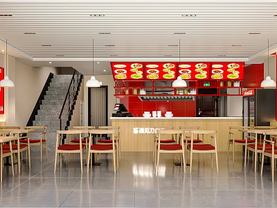 Modern Restaurant Interior With Red Counter Wooden Tables Hanging Lights And Menu Board 3d model