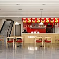 Modern Restaurant Interior With Red Counter Wooden Tables Hanging Lights And Menu Board