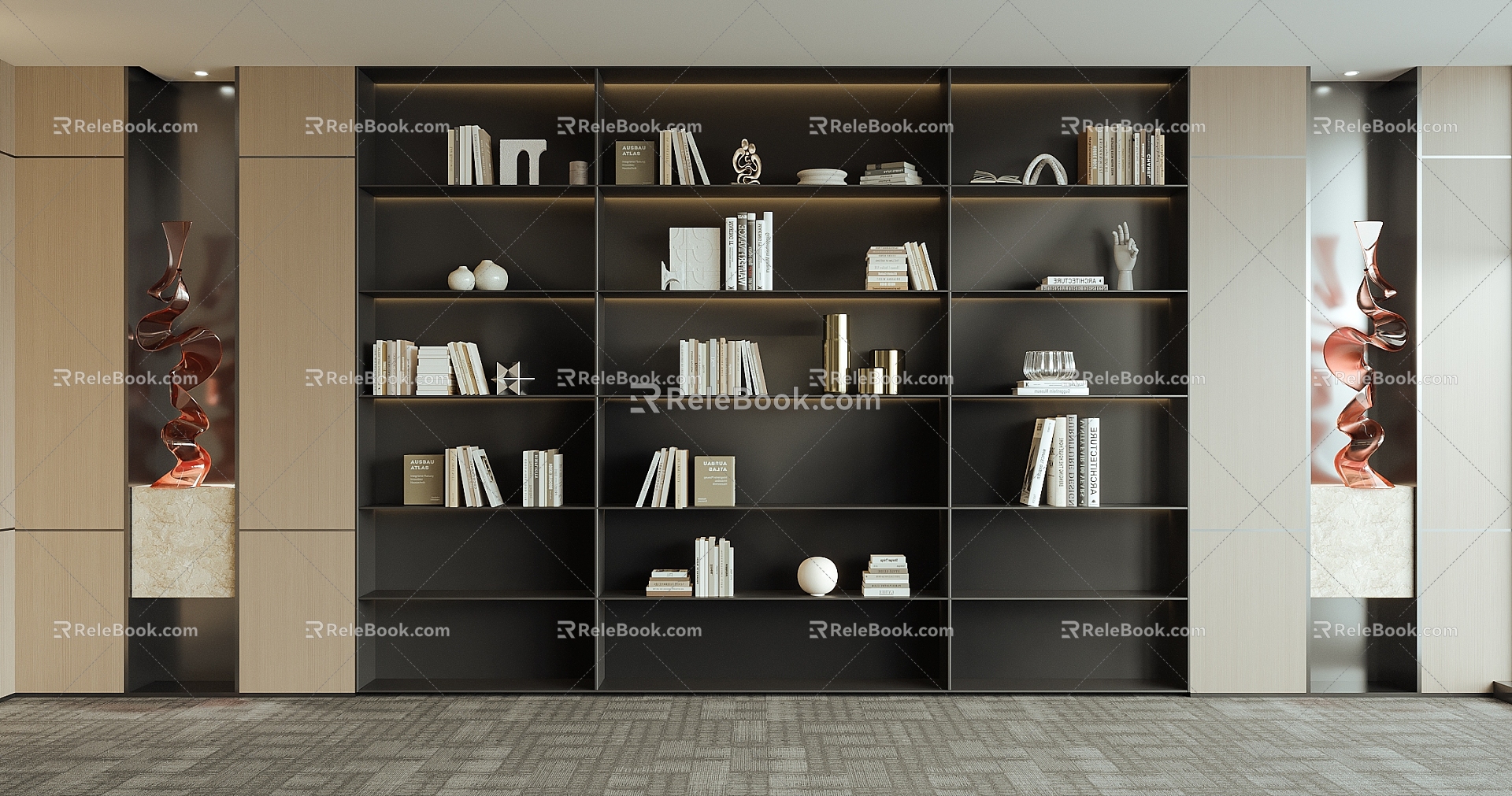 whole wall bookcase books books ornaments 3d model