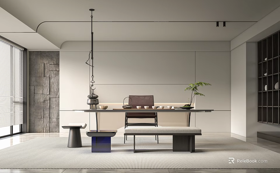 Modern Minimalist Tea Room Interior With Glass Coffee Table Benches Gray Walls And Plant 3d model 