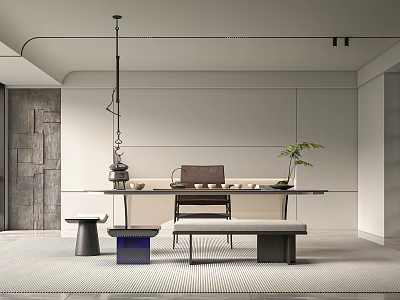 Modern Minimalist Tea Room Interior With Glass Coffee Table Benches Gray Walls And Plant 3d model