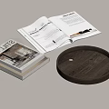 Open Magazine And Stacked Books With Wooden Tray And Glass Cups