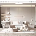 Kids Room Interior Design With Bed Pillows Stuffed Toys Round Ceiling Light And Modern Shelves