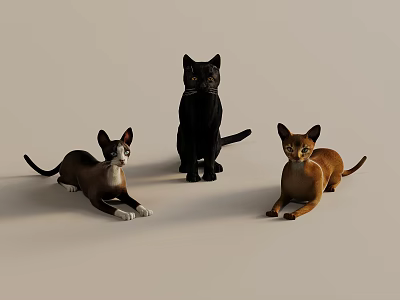 Three Cats Black Brown And Orange Standing And Lying On Light Background 3d model
