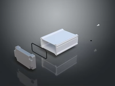 White Finned Heat Sink With Gray Component And Black Ring On Dark Reflective Surface 3d model