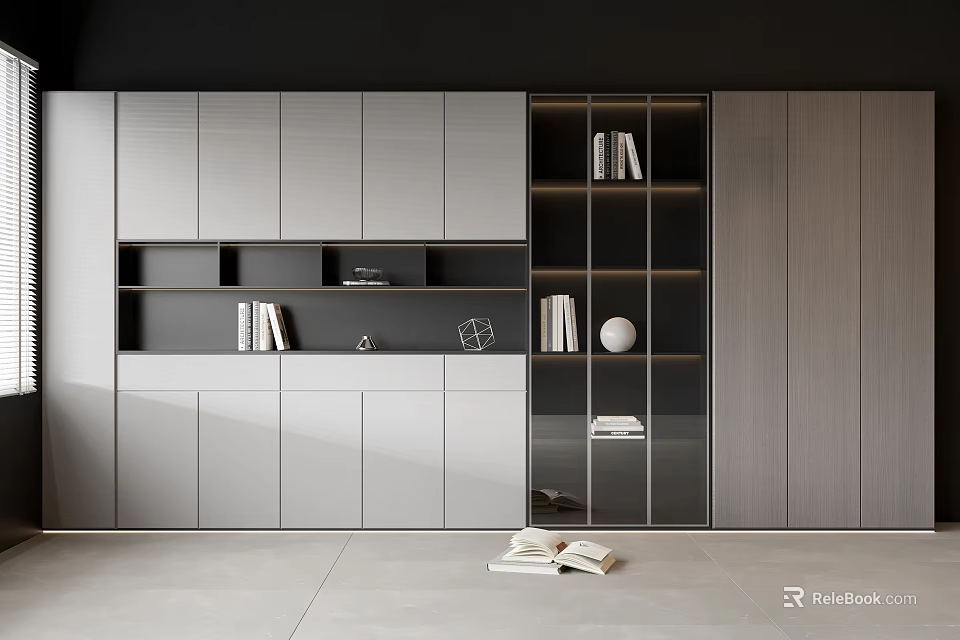 Modern Decorative Cabinet Interior Design With Glass Door And Bookshelf Storage 3d model 
