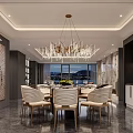 Elegant Modern Living Dining Room Interior With Marble Wall Chandelier And Sofa