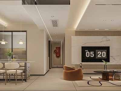 Modern Dining and Living Room Interior With Dining Table Sofa TV Wall And Decorations 3d model