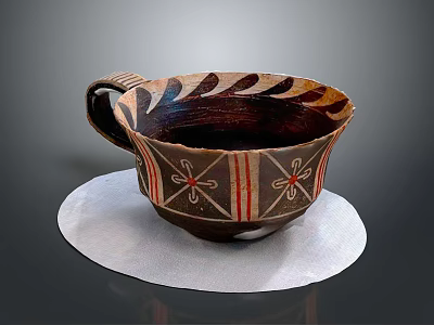 Handcrafted Decorative Cup Featuring Brown Red Black Patterns On White Circular Mat 3d model