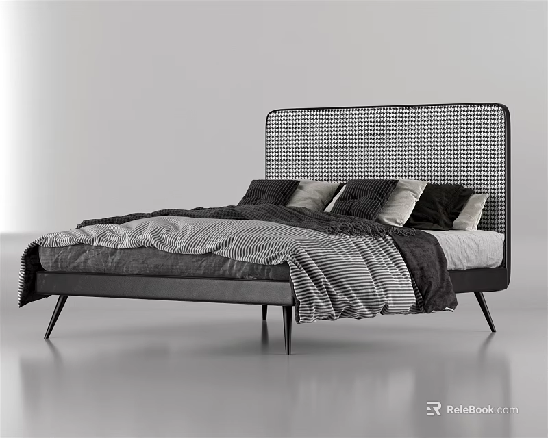 Modern Double Bed With Woven Headboard Black Frame And Striped Bedding 3d model 