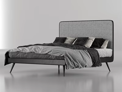 Modern Double Bed With Woven Headboard Black Frame And Striped Bedding 3d model