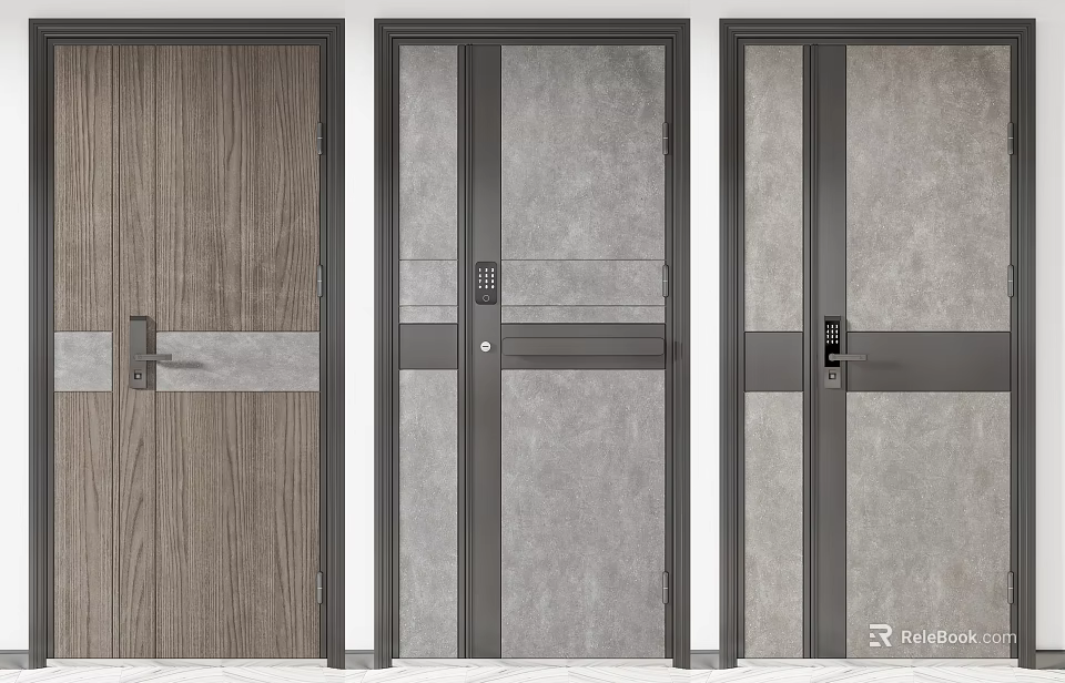 Modern Swing Doors With Wooden Panel Gray Surface And Metal Frame Design 3d model 