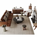 Brown Sofa and Coffee Table Set with Cushions Round Table Area Rug and Decorative Elements 3d model