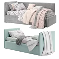 Light Green And Gray Upholstered Kids Bed With Patterned Pillows Blankets And Sheets