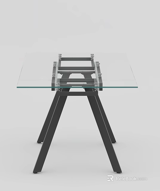 Modern Dining Table With Transparent Glass Top And Black Metal Legs 3d model 
