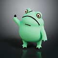 3D Cartoon Frog Character With Green Body Raising Hand And Big Eyes