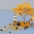 Outdoor Autumn Floral Art Installation With Yellow Leaf Tree Wooden Stumps And Fallen Leaves