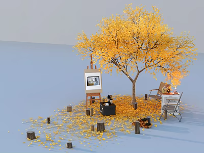 Outdoor Autumn Floral Art Installation With Yellow Leaf Tree Wooden Stumps And Fallen Leaves 3d model
