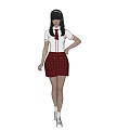 Woman in White Short Sleeve Top Red Necktie Red Plaid Skirt with Hand on Hip