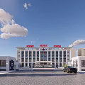 Modern Office Building Exterior With White Facade Glass Windows Main Entrance And Blue Sky