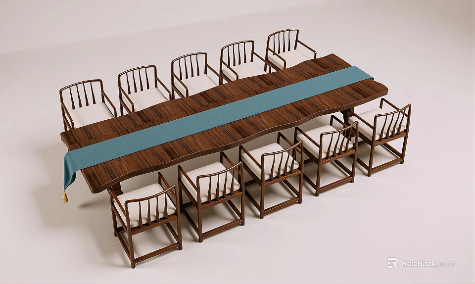 Wooden Table and Chair Set with Blue Table Runner and Light Colored Cushions 3d model 