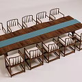 Wooden Table and Chair Set with Blue Table Runner and Light Colored Cushions