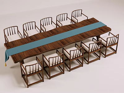 Wooden Table and Chair Set with Blue Table Runner and Light Colored Cushions 3d model
