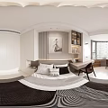 Modern Bedroom Interior With Petal Shaped Ceiling Light White Wardrobe Grey Rug And Wall Art