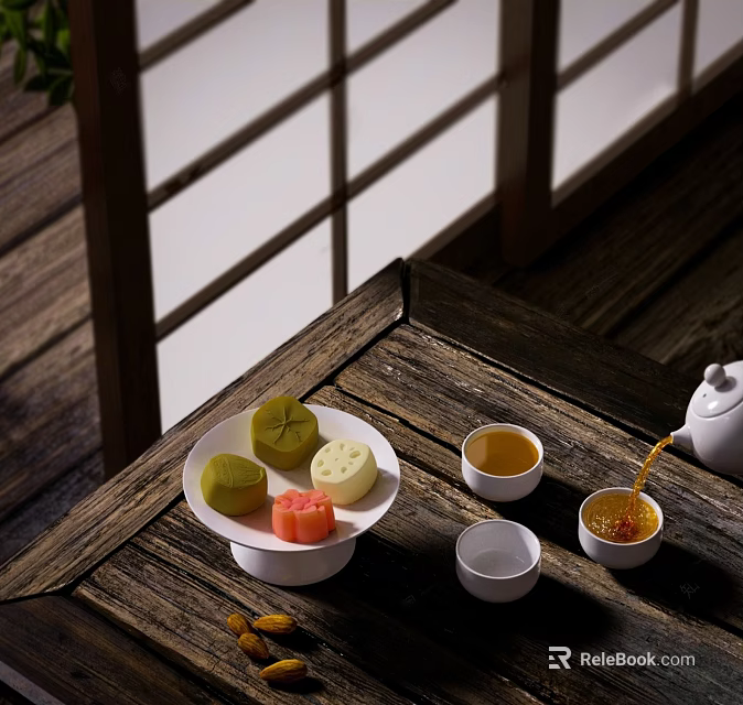 Classic Tea Set Featuring Pouring Teapot Colorful Pastries And Teacups On Wooden Table 3d model 