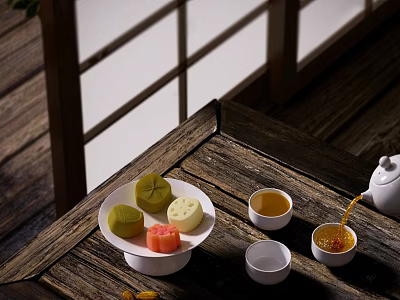Classic Tea Set Featuring Pouring Teapot Colorful Pastries And Teacups On Wooden Table 3d model