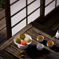 Classic Tea Set Featuring Pouring Teapot Colorful Pastries And Teacups On Wooden Table