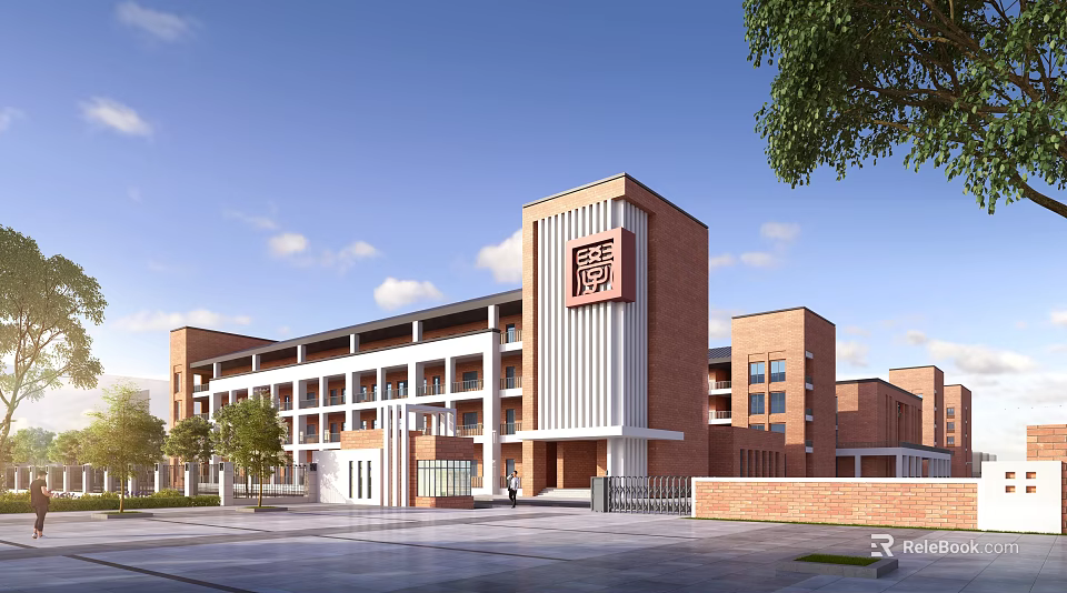 Modern Red Brick School Building With White Walls Multi Story Windows And Trees 3d model 