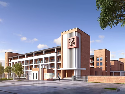 Modern Red Brick School Building With White Walls Multi Story Windows And Trees 3d model