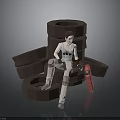 3D Model Scene With Brown Circular Rings Character Sitting And Pink Tool