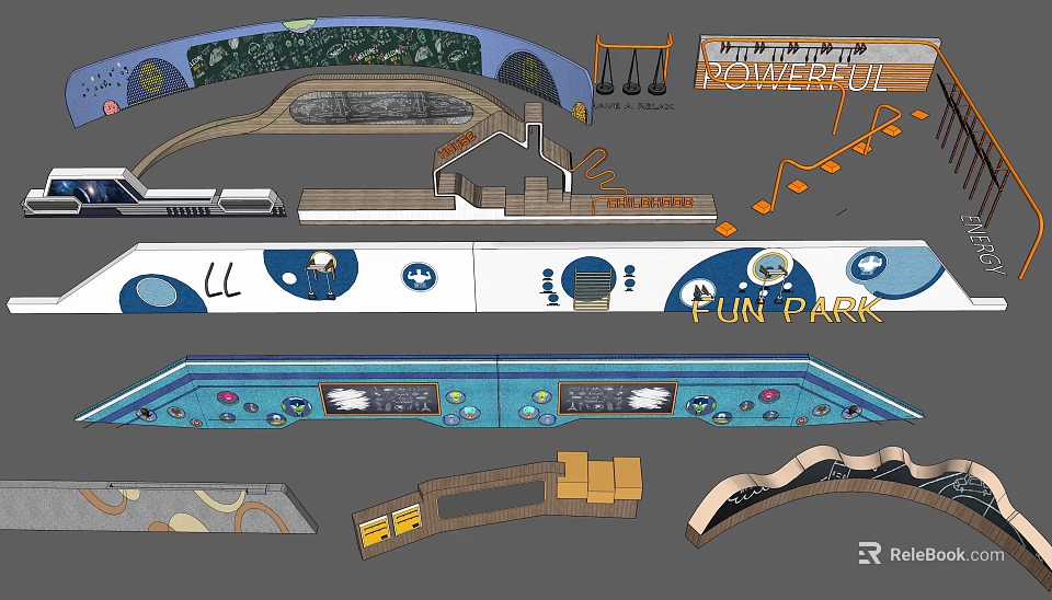 Fun Park Feature Wall Design With Curved Structure And Colorful Elements 3d model