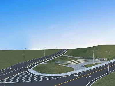 Modern Road Infrastructure Featuring Curved Path Street Lights Zebra Crossing And Green Lawn 3d model