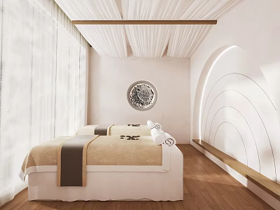 Modern SPA Sauna Room With Two Beds White Curtains Arched Lines And Wooden Floor 3d model