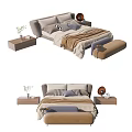 Modern Double Bed Interior With Nightstands Pillows Throw Blanket And Ottoman 3d model