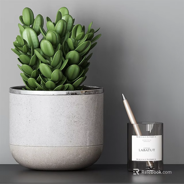 Desk with Green Succulent Plant in Gray Concrete Pot Pen and Lavender Scented Candle 3d model 