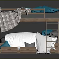 Wooden Bunk Bed Furniture With Storage Drawers And Blue Pillows White Sheets
