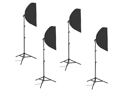 Four Studio Photography Light Stands With Black Softboxes On Tripods 3d model
