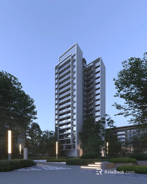 Modern High Rise Residential Building With Glass Curtain Walls And Balconies Surrounded By Trees 3d model 