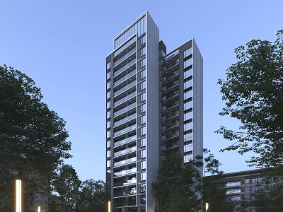 Modern High Rise Residential Building With Glass Curtain Walls And Balconies Surrounded By Trees 3d model
