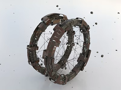Cartoon Scene Featuring Rusty Metal Rings Mesh Structure And Scattered Debris 3d model