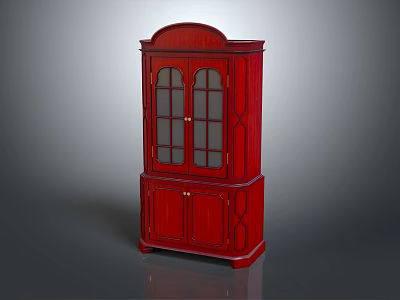 Classic Red Wooden Cabinet With Glass Doors And Traditional Decorative Details 3d model