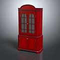 Classic Red Wooden Cabinet With Glass Doors And Traditional Decorative Details